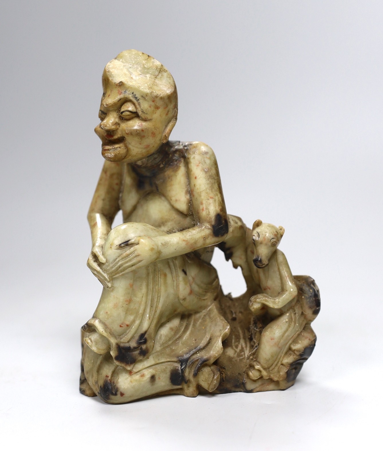 Assorted Chinese works of art including a soapstone carving of a luohan, 16cms high